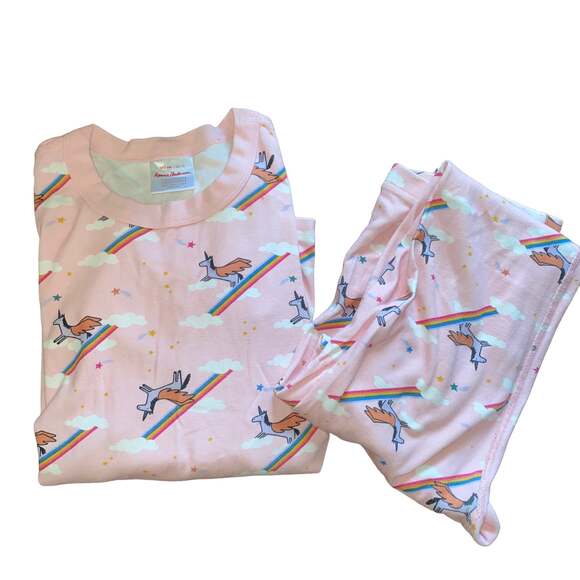Hanna Andersson Unicorn Rainbow Cloud Two Piece long john Pink Pajama Set sz 14 - Picture 1 of 7